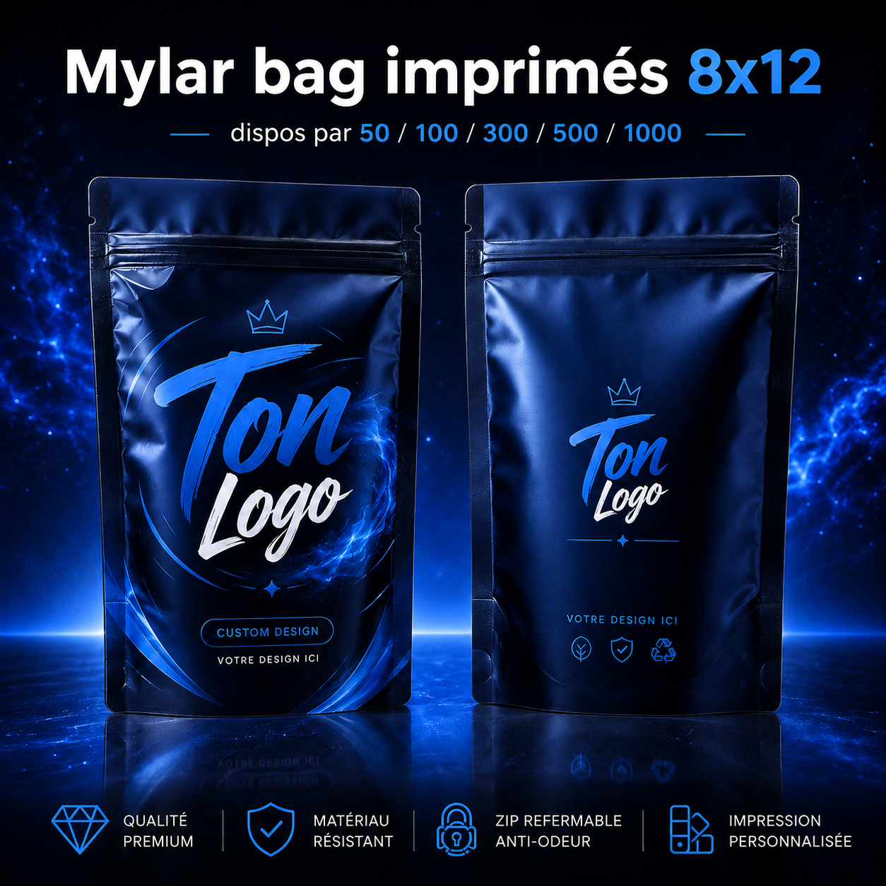 Mylar Bags imprimés personnalisés 8x12 cm - Impression recto verso avec logo au choix