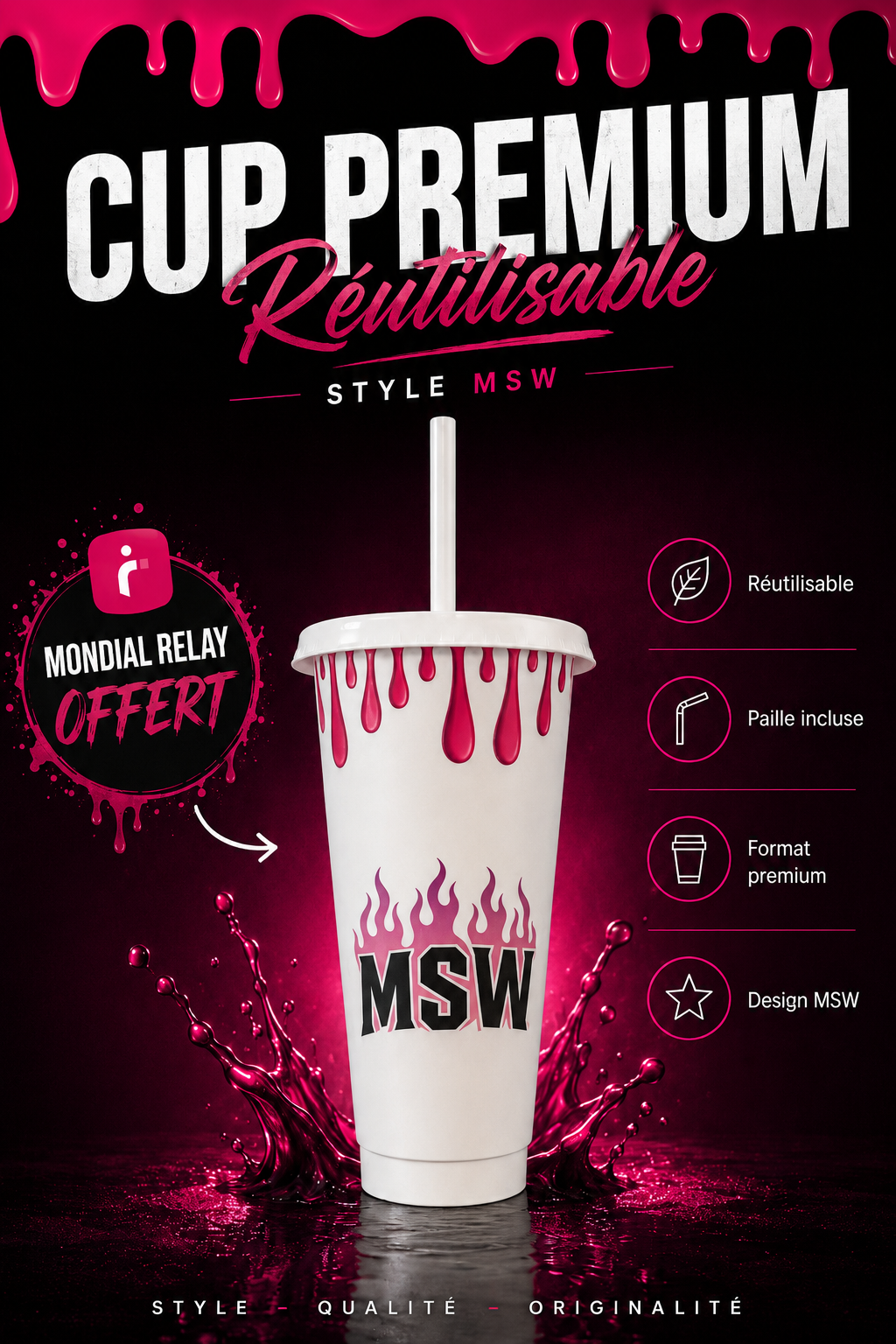 Cup Premium 24oz avec couvercle et paille – My Sipping World – Mondial Relay offert