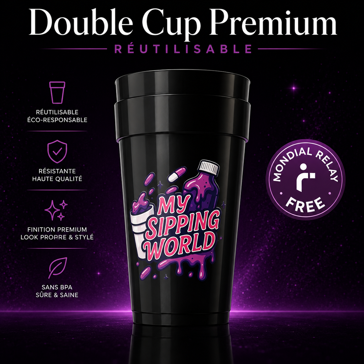 🥤 Double Cups réutilisable Noir 24oz  – Design Edition 💜