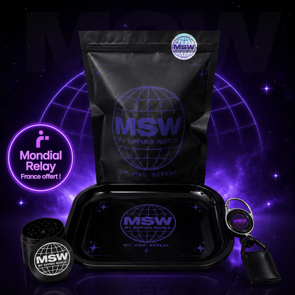 Kit 420 Édition Limitée My Sipping World – Plateau à rouler MSW, Grinder métal, Porte-briquet & Cali Bag
