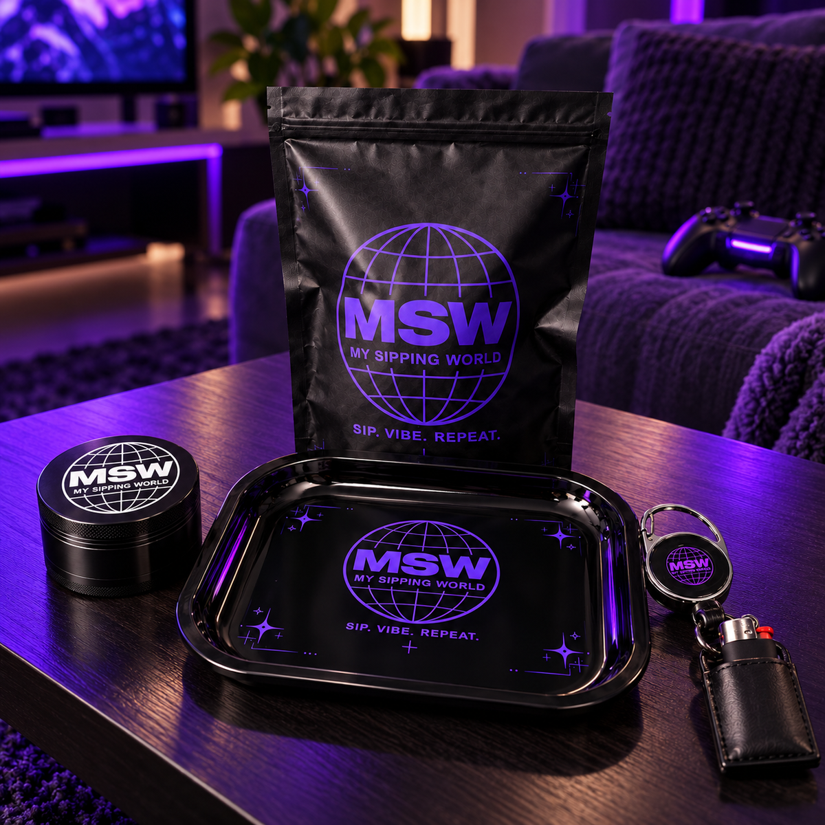 Kit 420 Édition Limitée My Sipping World – Plateau à rouler MSW, Grinder métal, Porte-briquet & Cali Bag