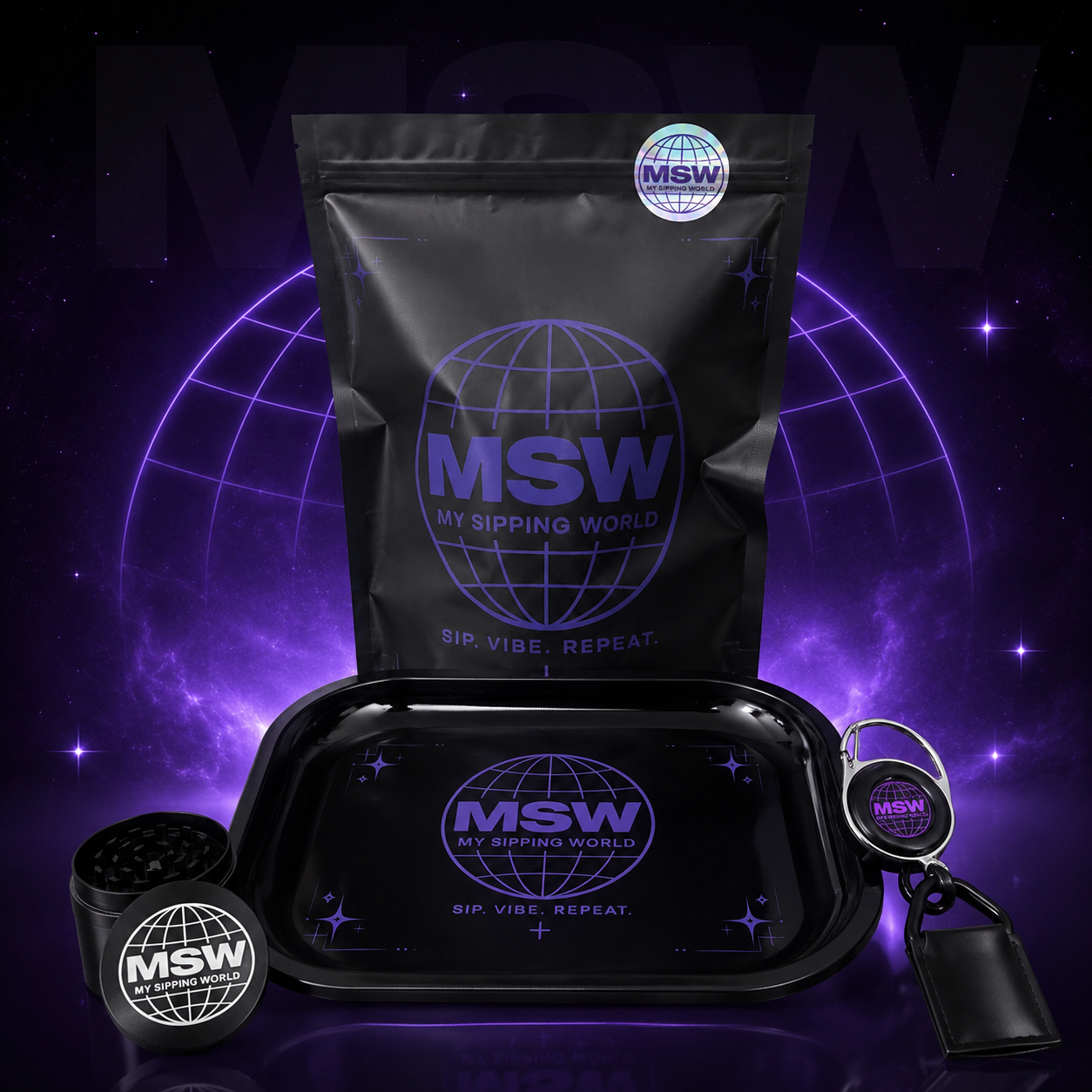 Kit 420 Édition Limitée My Sipping World – Plateau à rouler MSW, Grinder métal, Porte-briquet & Cali Bag