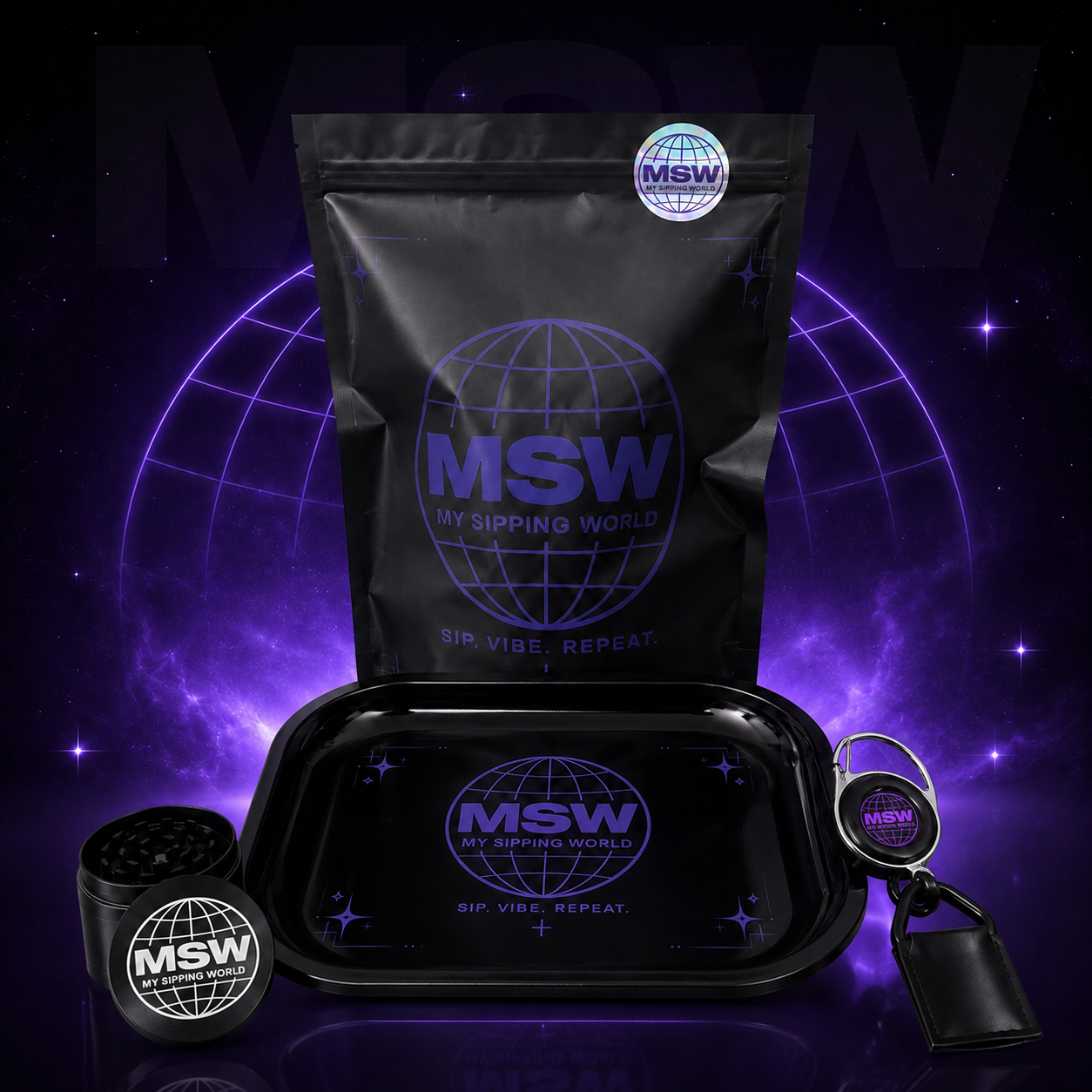 Kit 420 Édition Limitée My Sipping World – Plateau à rouler MSW, Grinder métal, Porte-briquet & Cali Bag