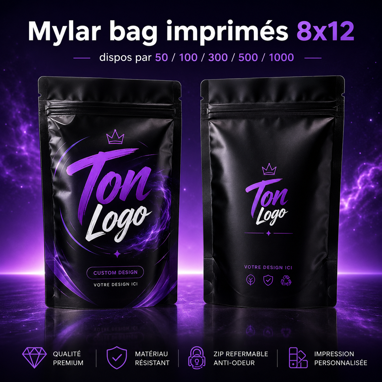 Mylar Bags imprimés personnalisés 8x12 cm - Impression recto verso avec logo au choix