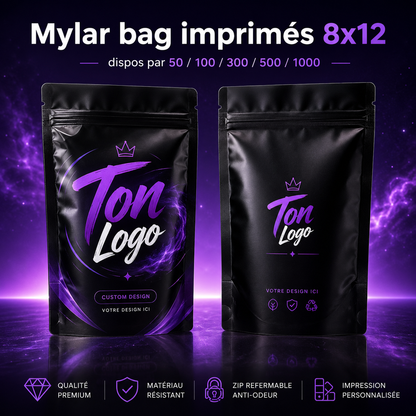 Mylar Bags imprimés personnalisés 8x12 cm - Impression recto verso avec logo au choix