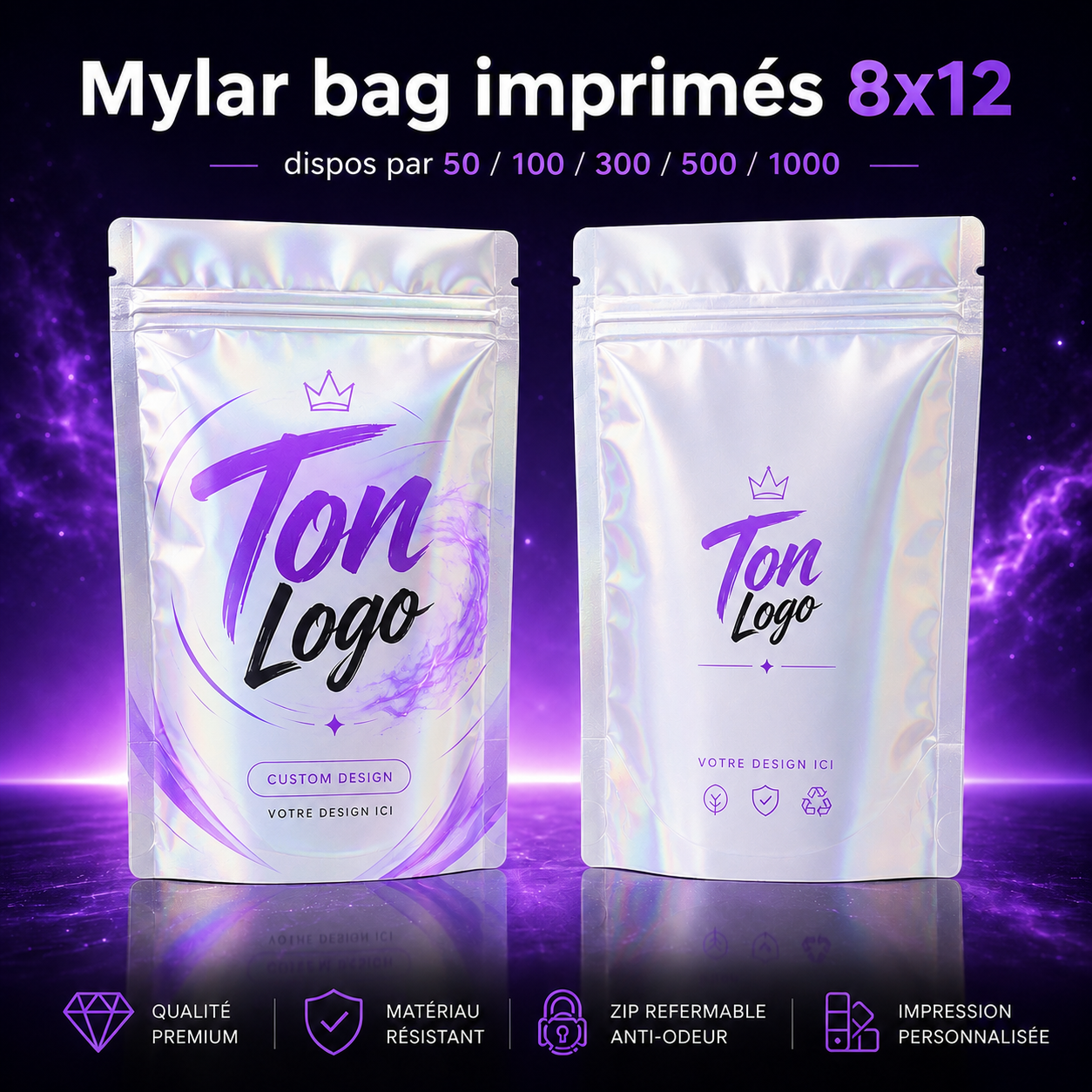 Mylar Bags imprimés personnalisés 8x12 cm - Impression recto verso avec logo au choix